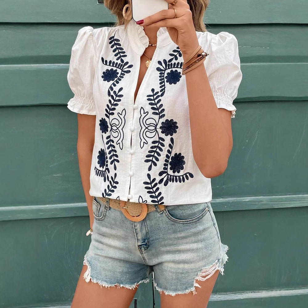 Damen Bluse mit Stickerei und Puffärmeln Drune