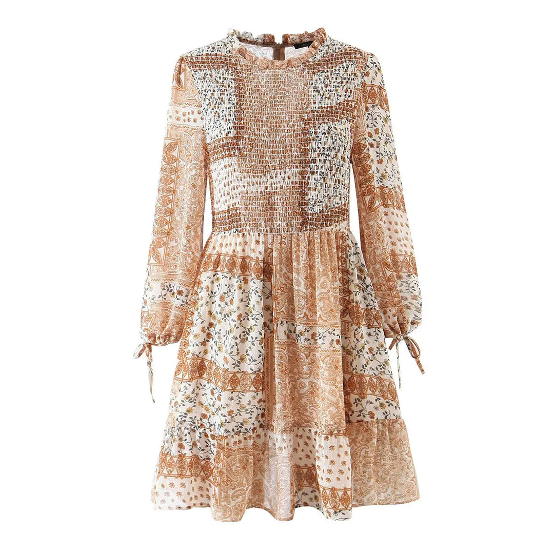 Damen nan geblümtes Boho Midi-Kleid mit Stufenrock und Rüschenkragen Drune