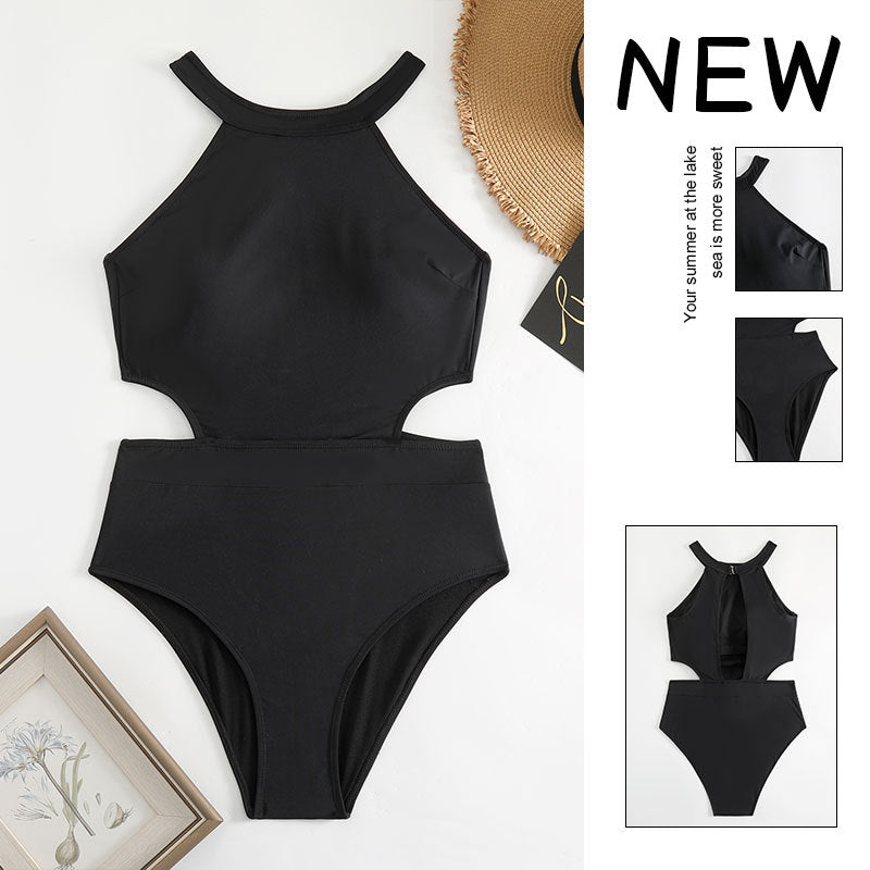 Damen Einteiler Badeanzug mit hohem Kragen und seitlichem Cut-Out Drune