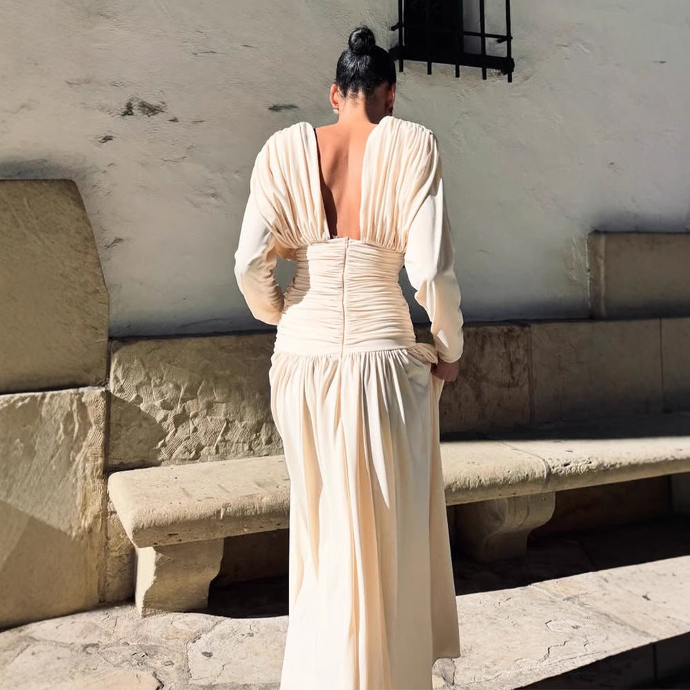 Damen Elegantes Wickel-Maxikleid mit tiefem V-Ausschnitt und Drapierung Drune