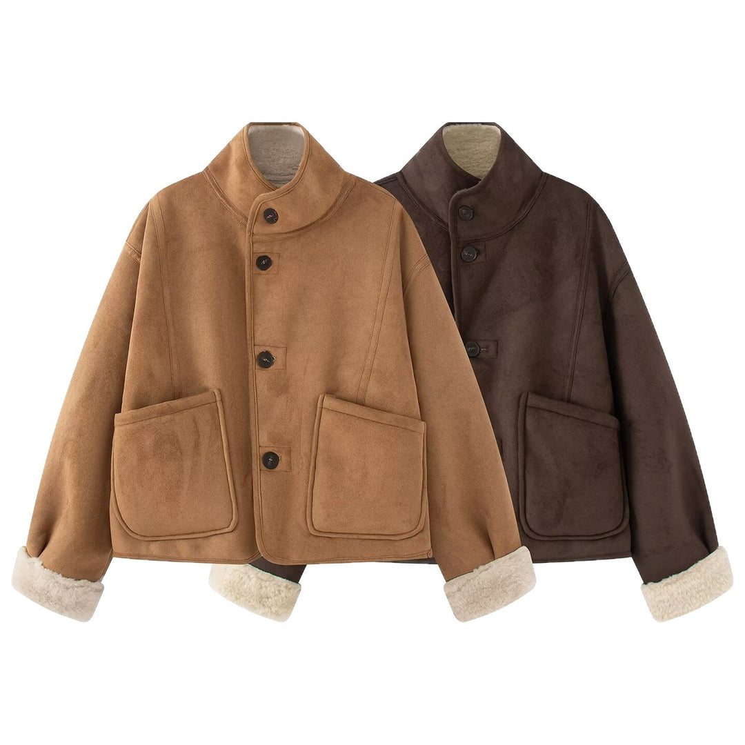 Damen Kurze Schaffelloptik-Jacke mit Stehkragen und großen aufgesetzten Taschen Drune