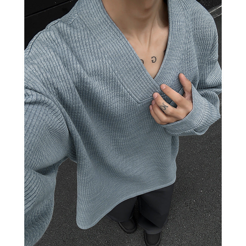 Herren Oversize-Feinstrickpullover mit tiefem V-Ausschnitt und Rippenstruktur Drune