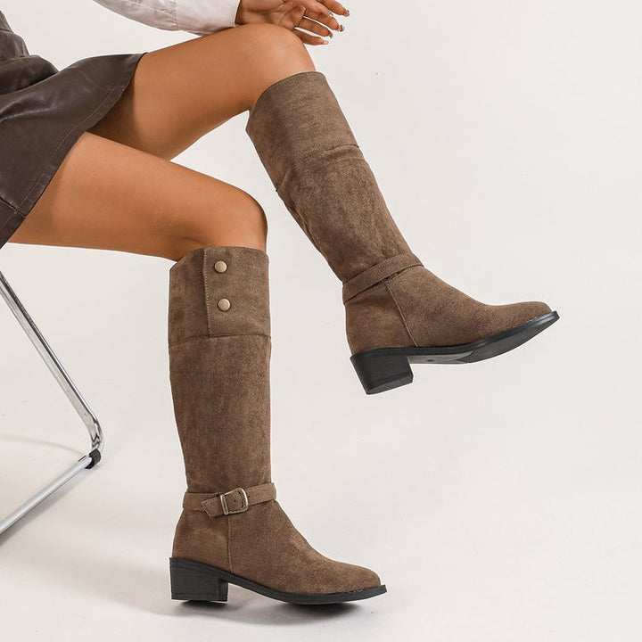 Damen kniehohe Velourslederstiefel mit niedrigem Blockabsatz und Zierriemen Drune