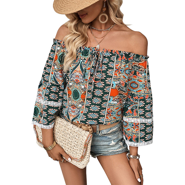 Damen Schulterfreies Boho-Blusenshirt mit Paisley- und Blumenprint, Gummizug und BindDruneand Drune