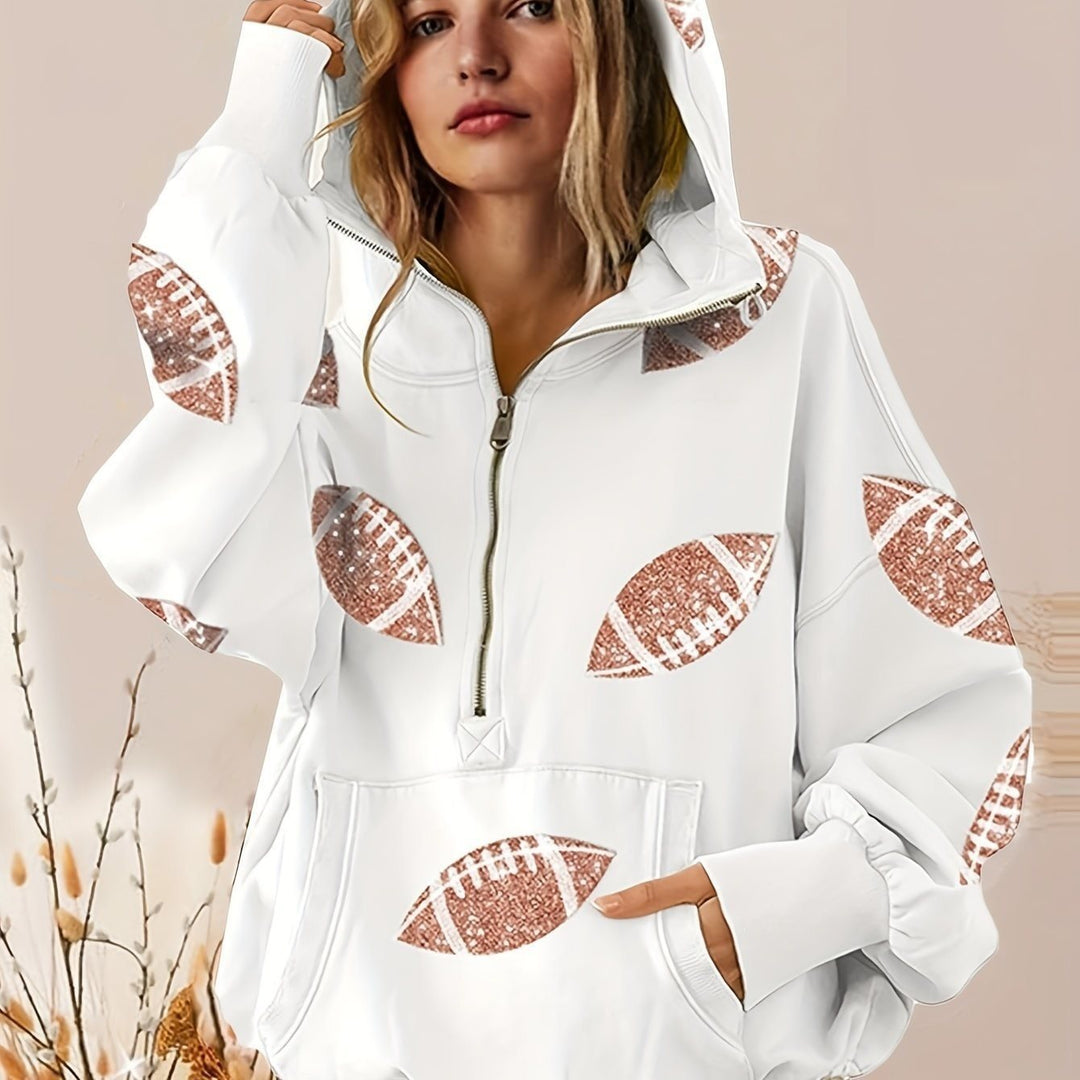 Damen Oversized Kapuzenpullover mit halbem Reißverschluss und Pailletten‑Football-Applikation Drune