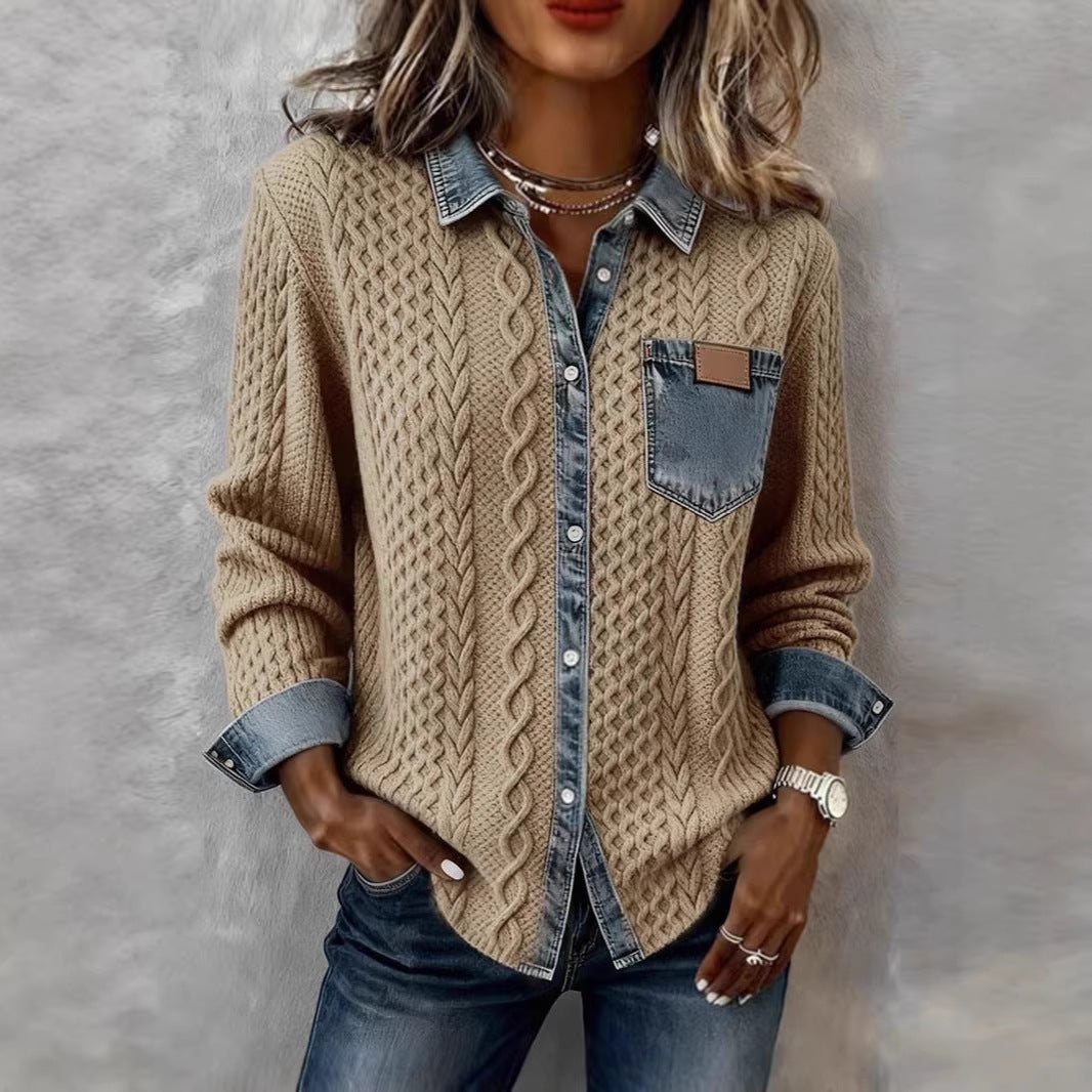 Damen Strickjacke mit Denim-Look-Kragen, dekorativer Knopfleiste und Brusttasche Drune