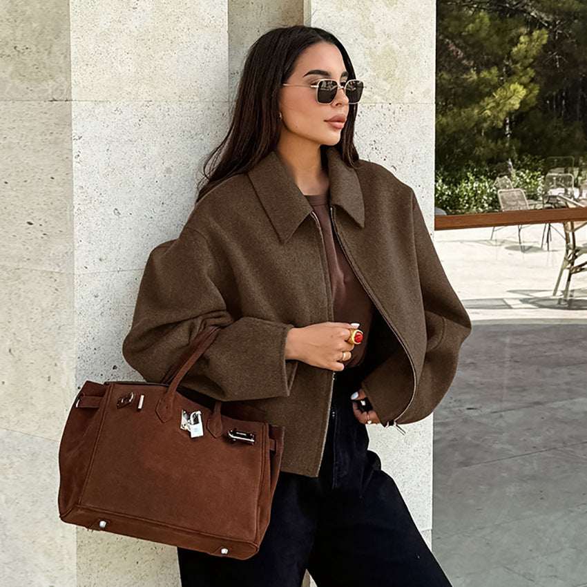 Damen Kurze Wolljacke im modernen Oversized-Stil Drune