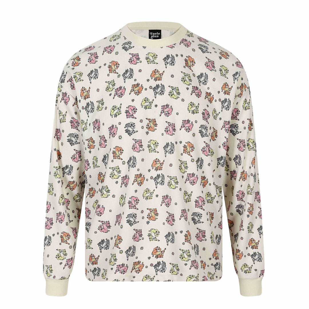 Damen Waffel‑Thermalshirt mit verspieltem Allover‑Print und geripptem Rundhals Drune