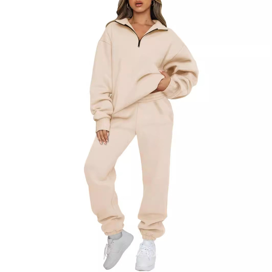 Damen lässiger Hoodie-Trainingsanzug mit Reißverschluss und bundlosen Hosen Drune