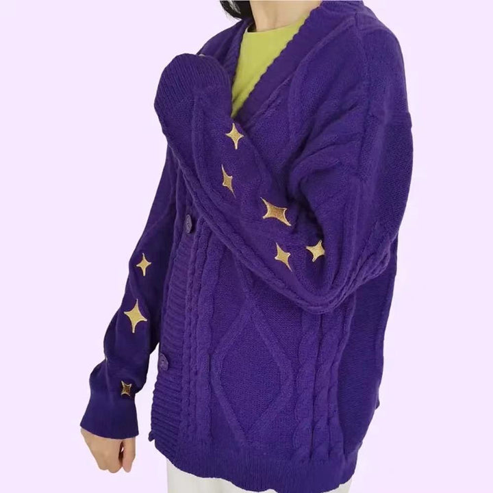 Damen nan oversize Strickcardigan mit Zopfmuster und Sternapplikationen V-Ausschnitt Knopfleiste Drune