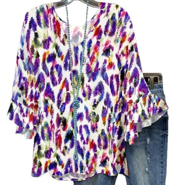 Damen Bluse mit voluminösen Ärmeln und farbenfrohem Muster Drune