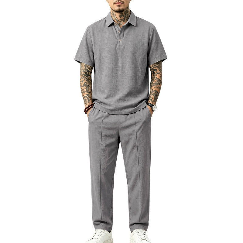Herren Leichtes Leinenoptik-Loungewear-Set mit Polokragen und Bundfalten Drune