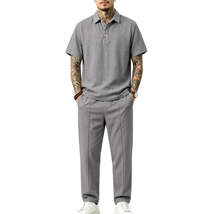 Herren Leichtes Leinenoptik-Loungewear-Set mit Polokragen und Bundfalten Drune