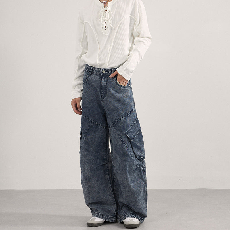 Damen Extraweite Cargo-Denim-Palazzohose mit diagonalem Nahtdesign und großen Klappentaschen Drune