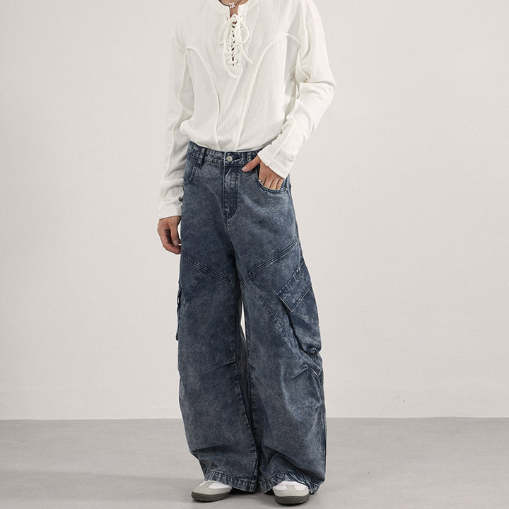 Damen Extraweite Cargo-Denim-Palazzohose mit diagonalem Nahtdesign und großen Klappentaschen Drune