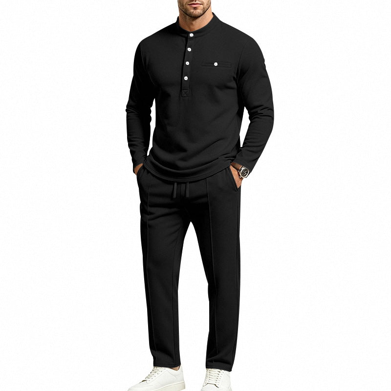 Herren Zweiteiliges Freizeitset mit Henley-Langarmshirt, Stehkragen und Komfort-Jogginghose Drune