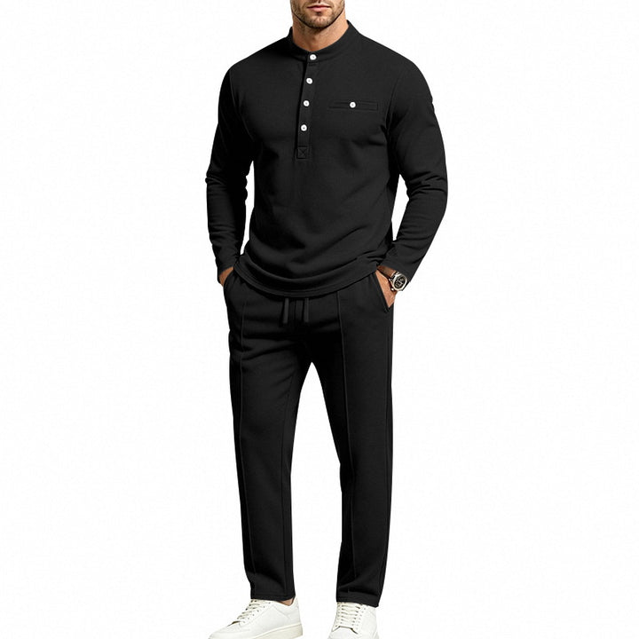 Herren Zweiteiliges Freizeitset mit Henley-Langarmshirt, Stehkragen und Komfort-Jogginghose Drune