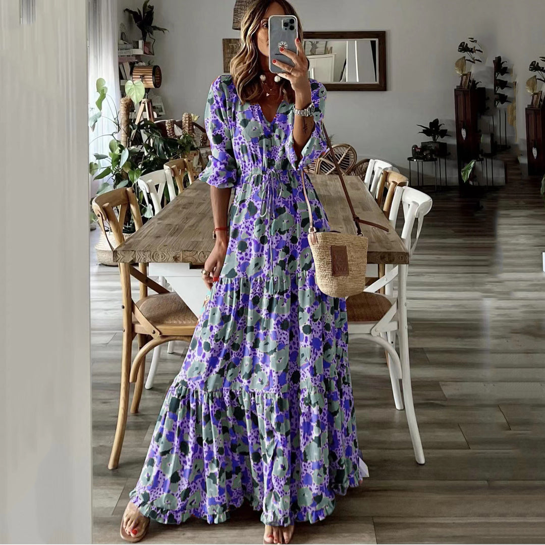 Damen Maxikleid mit Blumenprint, V‑Ausschnitt, Stufenvolant und Tunnelzugtaillen Drune