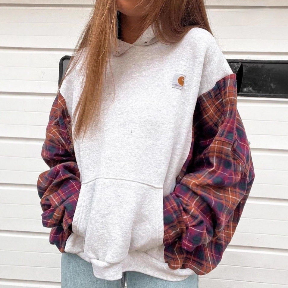 Damen nan oversized Kapuzenpullover mit karierten Flanellärmeln und Kängurutasche Drune