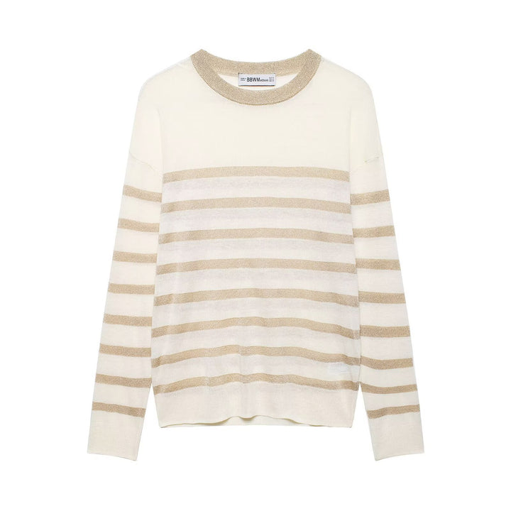 Damen Leichter gestreifter Feinstrickpullover mit Metallic‑Streifen und Rundhalsausschnitt Drune