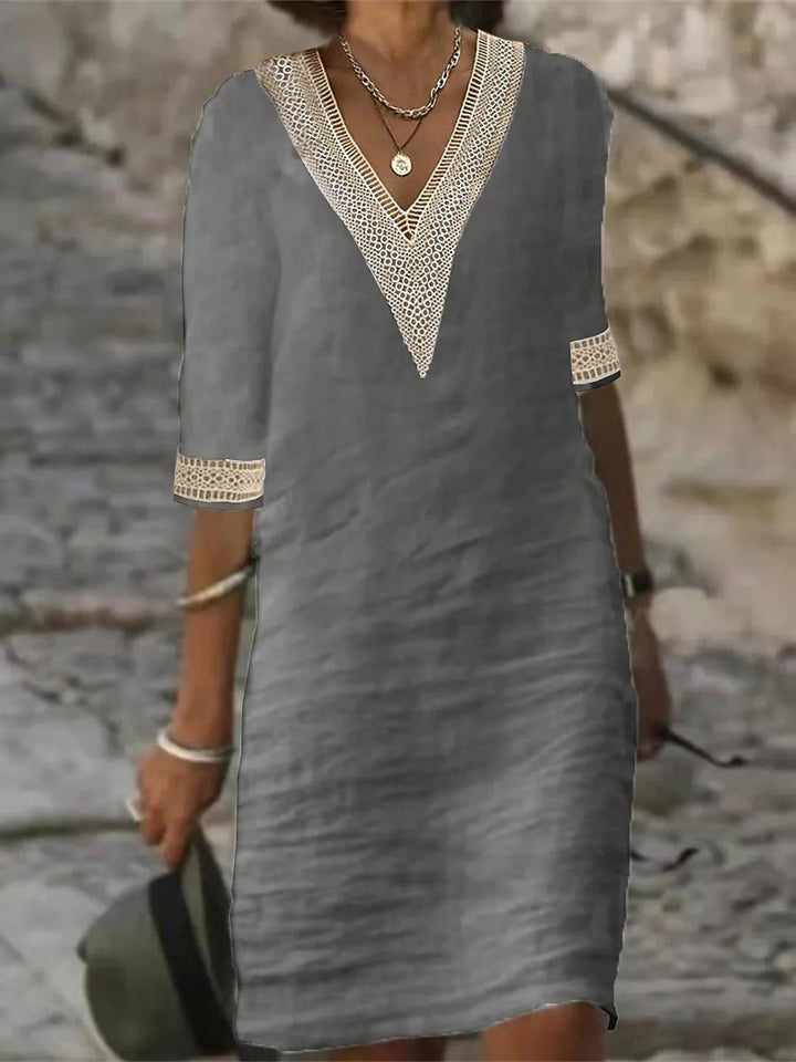 Damen Leinenlook Midi Kleid mit gehäkeltem V-Ausschnitt und 3/4 Ärmeln Drune