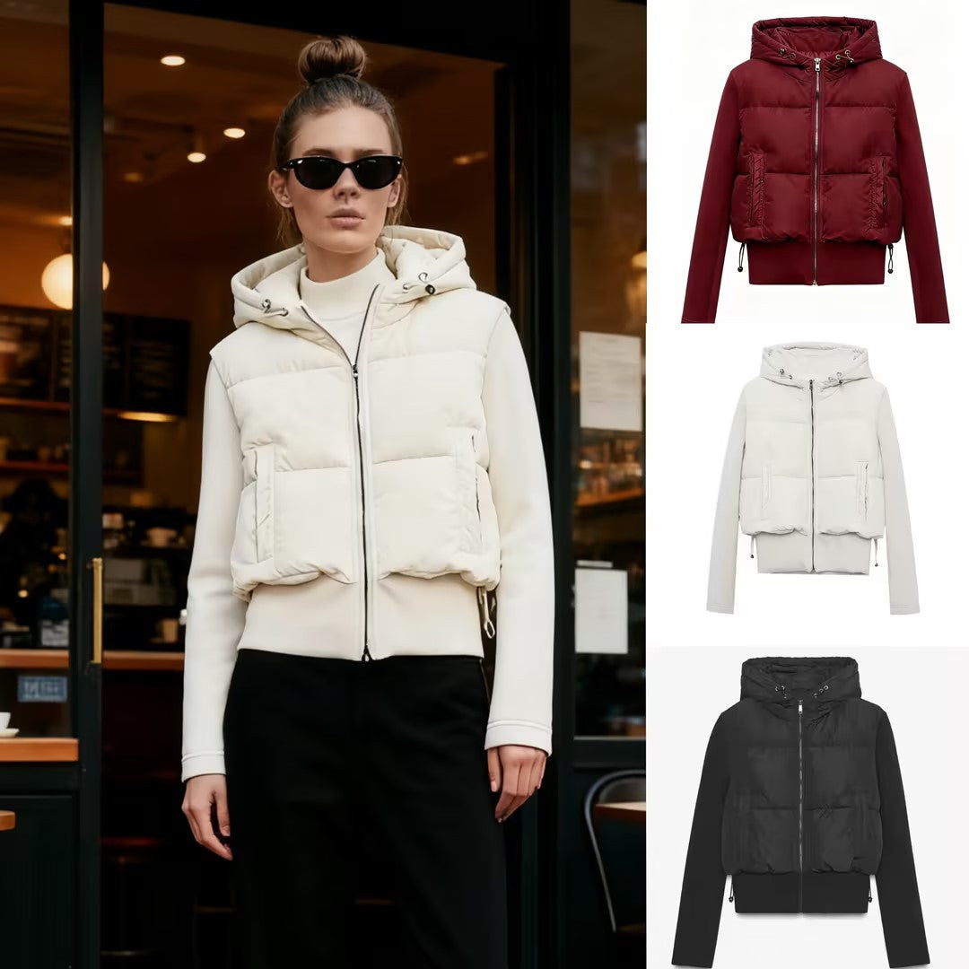 Damen Kurz geschnittene Hybrid-Steppjacke mit Kapuze, Rippbündchen und Tunnelzug Drune