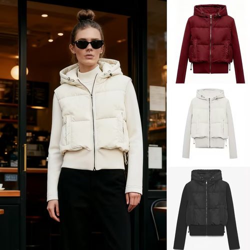 Damen Kurz geschnittene Hybrid-Steppjacke mit Kapuze, Rippbündchen und Tunnelzug Drune
