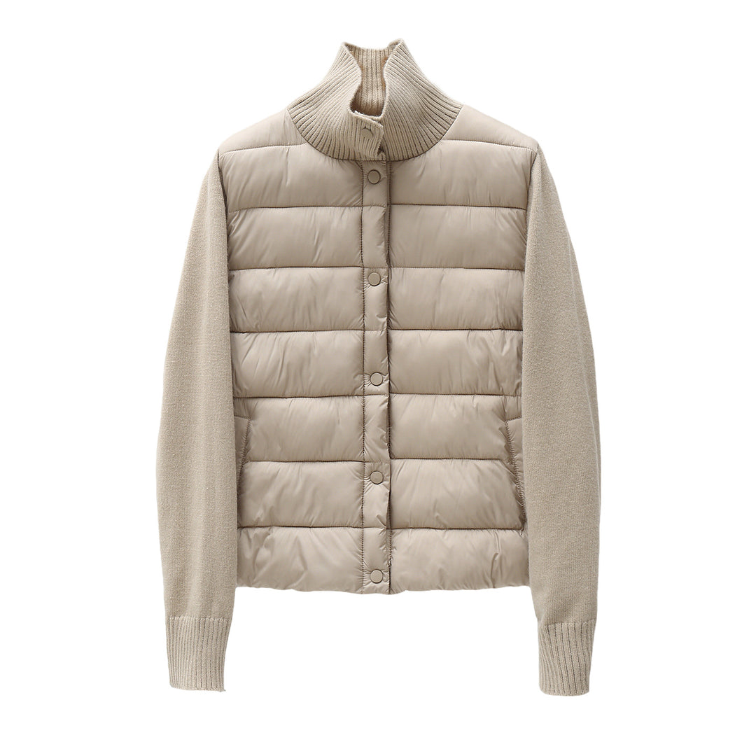 Damen nan gesteppte Hybridjacke mit wattierter Frontpartie, Feinstrickärmeln und hohem Rippenkragen Drune