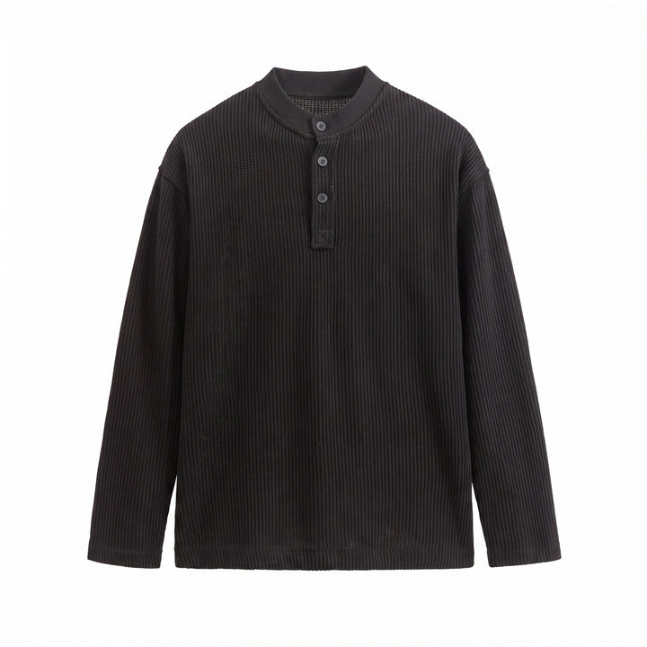 Herren Waffelstrick-Henley mit Stehkragen und dreifacher Knopfleiste Drune