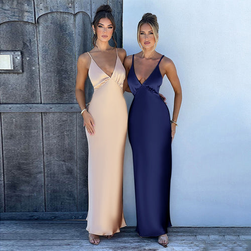 Damen Maxikleid mit elegantem V-Ausschnitt und feinen Spaghettiträgern Drune