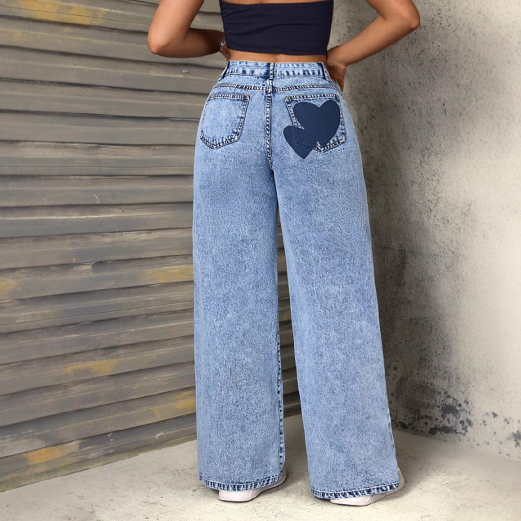 Damen weite Jeans mit Herzen-Applikationen Drune