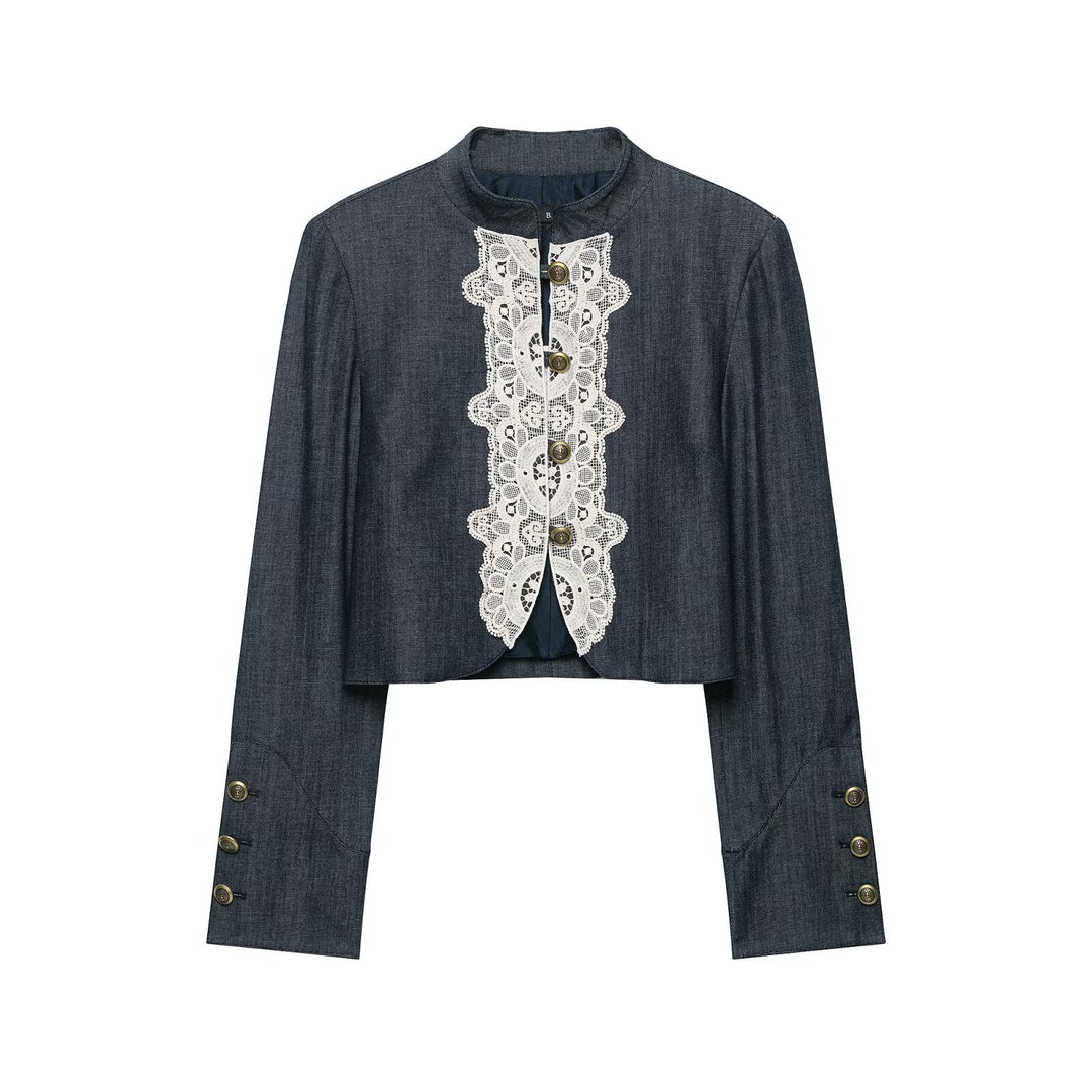 Damen Boleroartige Kurzjacke im Vintage-Denim‑Stil mit Spitzenpasse und Messingknöpfen Drune