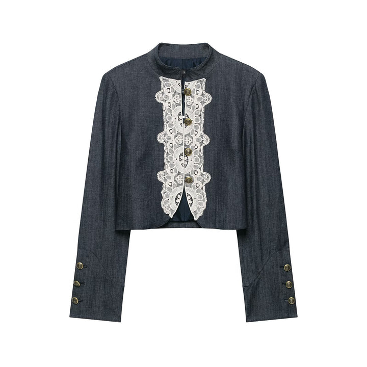 Damen Boleroartige Kurzjacke im Vintage-Denim‑Stil mit Spitzenpasse und Messingknöpfen Drune