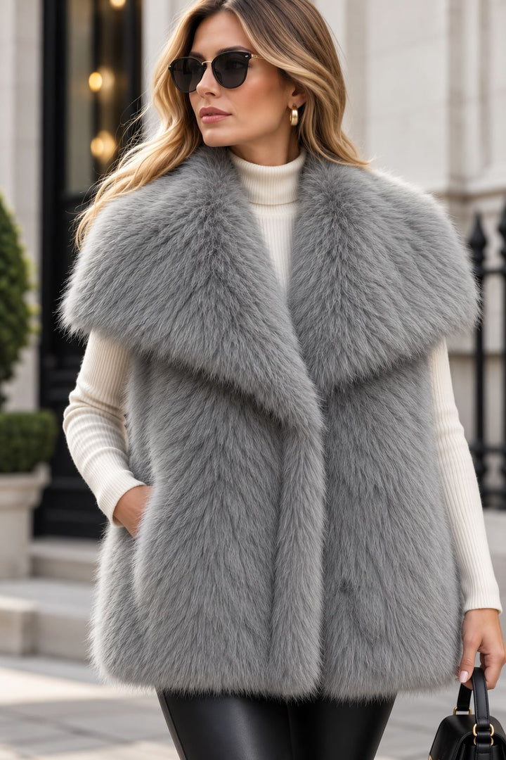 Damen Ärmellose Hochflor‑Kunstfellweste mit voluminösem Schalkragen und Eingrifftaschen Drune