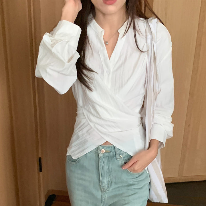 Damen Wickelbluse mit geraffter Taille und Ballonärmeln Drune