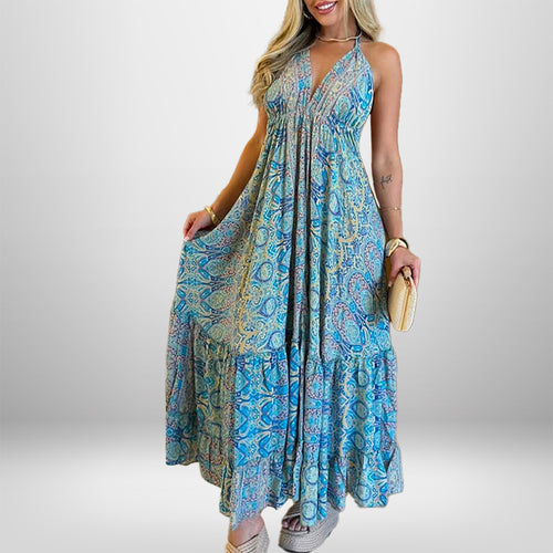 Damen Maxikleid im verspielten Boho-Stil mit tiefem V-Ausschnitt und schwingendem Rock Drune