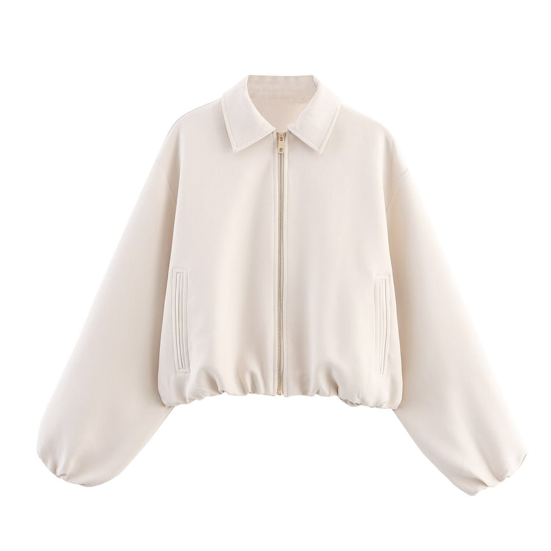 Damen 20+ kurze oversized Blousonjacke mit Reißverschluss gerafftem Saum und Ballonärmeln Drune