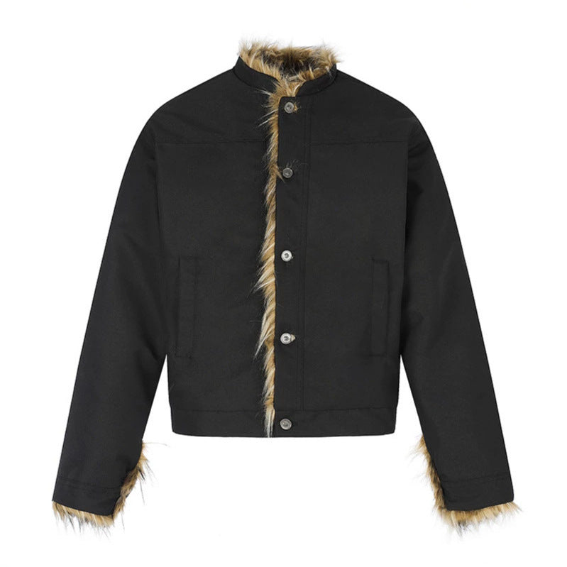 Damen Kurzjacke mit Kunstfellfutter, Stehkragen und verdeckter Knopfleiste Drune