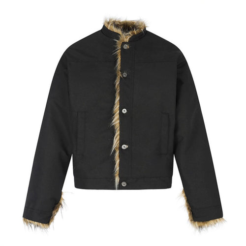 Damen Kurzjacke mit Kunstfellfutter, Stehkragen und verdeckter Knopfleiste Drune
