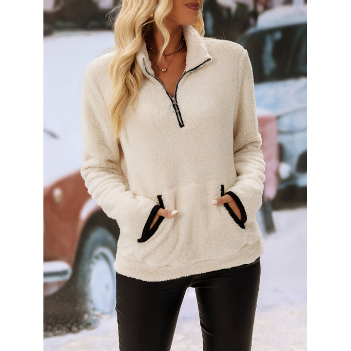 Damen Bequemer Hoher Kragen Fleece Pullover mit Reißverschlussklappe Drune