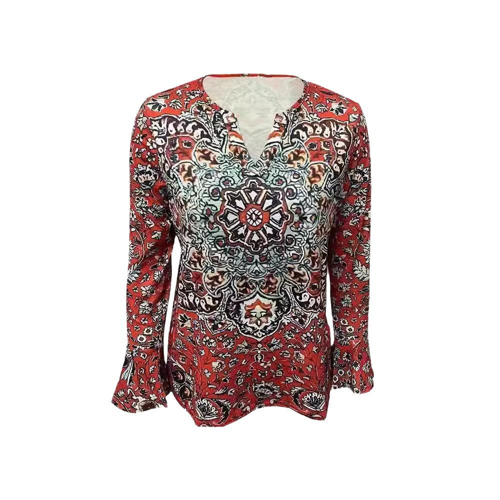 Damen Langarm-Bluse mit ornamentalem Mandala-Print und V-Ausschnitt Drune