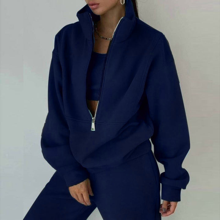 Damen nan kurzes Halbzip-Sweatshirt-und-Jogginghose-Set mit Stehkragen, oversized Schnitt und weichem French-Terry Drune