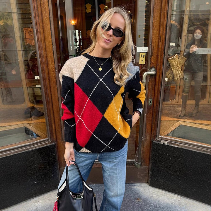 Damen Oversize Argyle-Pullover aus Mohair-Mix mit Rundhalsausschnitt und kontrastierenden Rautendetails Drune
