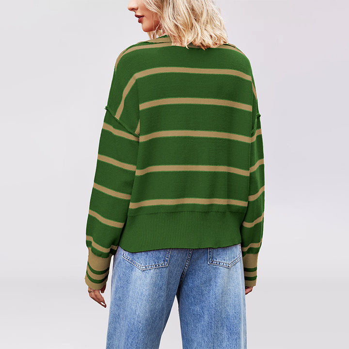 Damen lässiger Pullover mit V-Ausschnitt und breitem Streifenmuster Drune