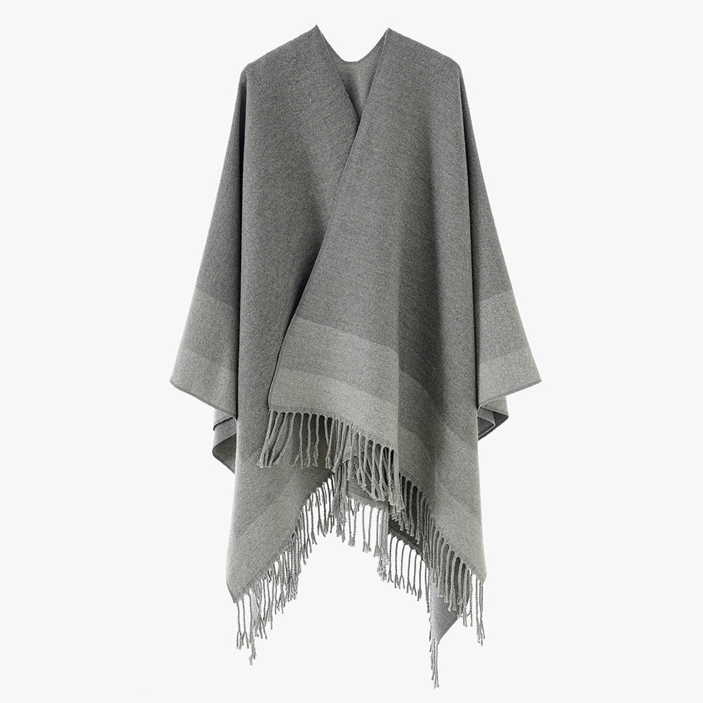 Damen Wollmix-Capeponcho mit kontrastierter Kante, großem Oversize-Fall und Fransensaum Drune
