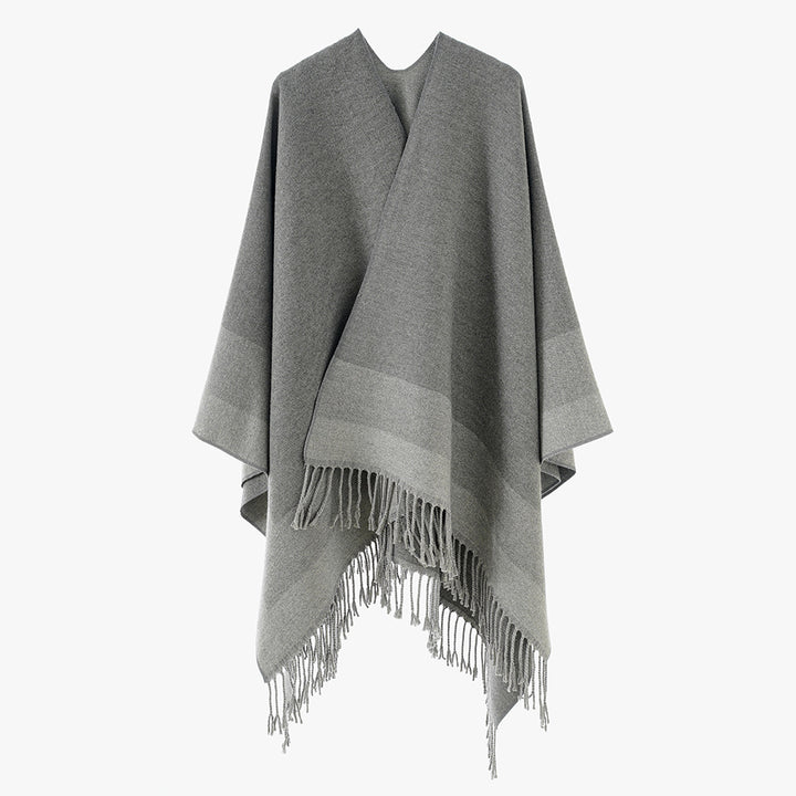 Damen Wollmix-Capeponcho mit kontrastierter Kante, großem Oversize-Fall und Fransensaum Drune