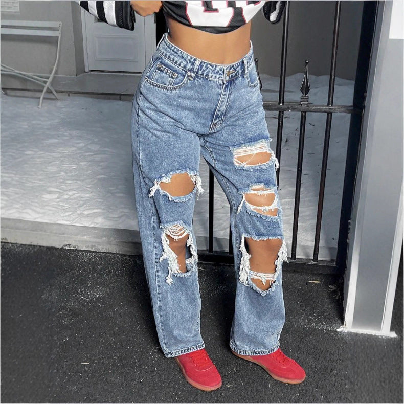Damen Hochtaillierte Destroyed Baggy-Jeans mit weitem Bein und Knie‑Rips Drune