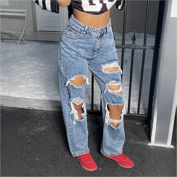 Damen Hochtaillierte Destroyed Baggy-Jeans mit weitem Bein und Knie‑Rips Drune