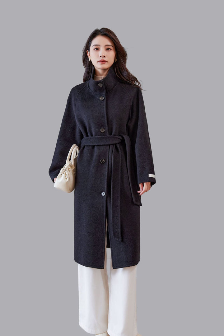 Damen Oversize Wollmantel mit Stehkragen und Taillengürtel Drune