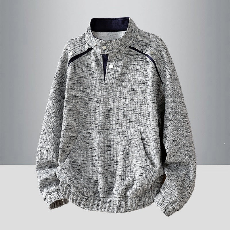 Herren Oversize Struktur-Halbzip-Strickpullover mit Stehkragen, Druckknopfblende & Kängurutasche Drune